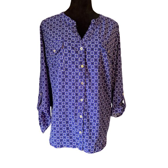 Notations Blue and White Box Pattern, XL Adjustable Sleeves - Picture 1 of 5